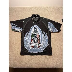 AND Raza Unida Virgin Mary Flag Graphic Button Up Shirt Black Mens Large
